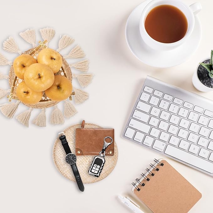 LOCS MICRAI Boho Wall Basket Decor Set of 3 - Flat Woven Basket Wall Hanging Decor,Round Tassels White Macrame Tapestry Wall Decor Art,Handmade Rattan Wicker Seagrass Home Wall Baskets Decor-Ruum Studio Home