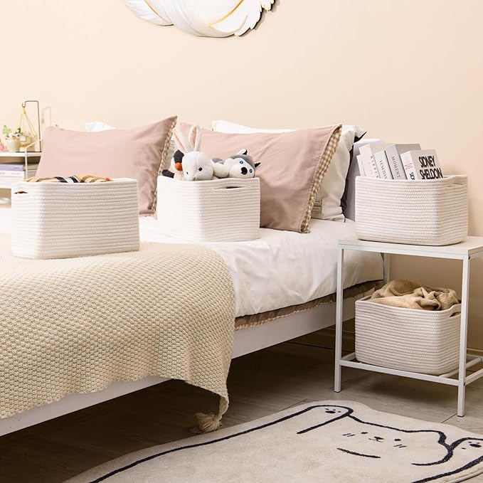 Storage Baskets for Organizing, Woven Basket for Storage, Storage Baskets Bin for Shelves, Cotton Rope Basket with Handles, 12.5"Lx9.1"Wx7.9"H, (4 Packs) Off White-Ruum Studio Home