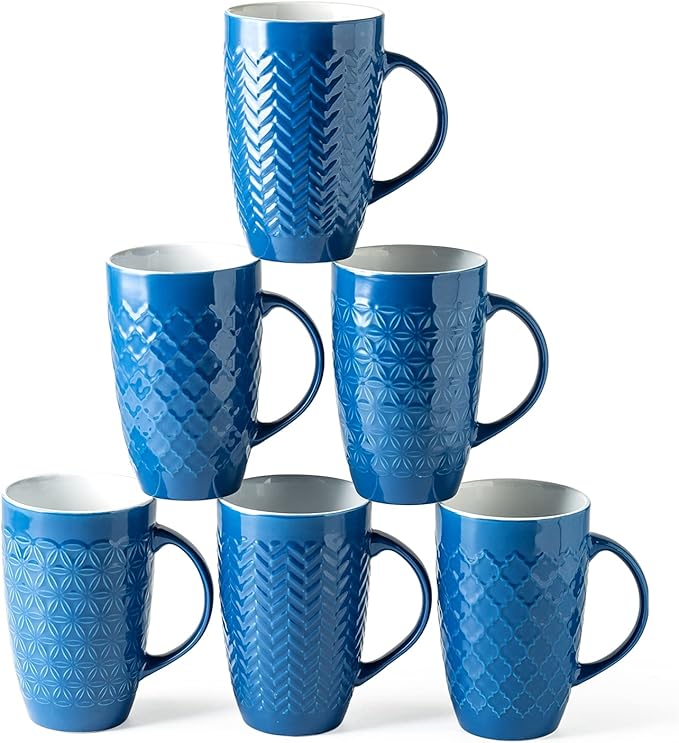 AmorArc Extra Large Coffee Mugs Set of 6, 20oz Ceramic Tall Coffee Mugs Set with Textured Geometric Patterns for Latte/Tea/Beer/Hot Cocoa, Dishwasher & Microwave Safe, Blue-Ruum Studio Home