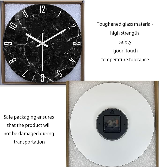 Big Wall Clock for Living Room Decor Marble Glass Wall Clock Battery Operated 16 Inch Black Wall Clocks Non Ticking-Ruum Studio Home