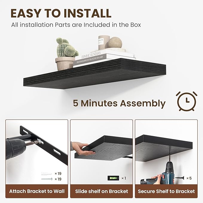 12 Inch Deep Floating Shelves, 24 Inch Long Floating Shelves for Wall, Floating Shelf with Invisible Brackets, Deep Shelves for Bathroom, Bedroom, Living Room, 2 Pack, Black-Ruum Studio Home