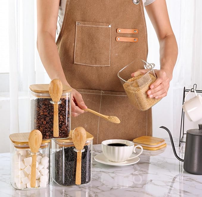 ComSaf 0.8 Qt Glass Jars with Bamboo Lids & Spoons Set of 4, Square Glass Containers with Lids, Sugar Coffee Containers Salt Spice Jars, Pantry Storage Container for Loose Tea, Candy, Brown Sugar, Nut-Ruum Studio Home