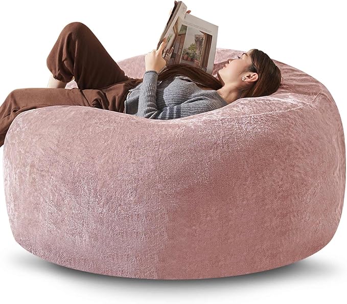 Bean Bag Chair 5Ft, Memory Foam Filled, Large Beanbag Chairs for Adults and Teens, Soft Sofa with Removable Flannel Cover, Round Couch for Living Room Bedroom College Dorm (Pink, 5FT-60×60"×24")-Ruum Studio Home