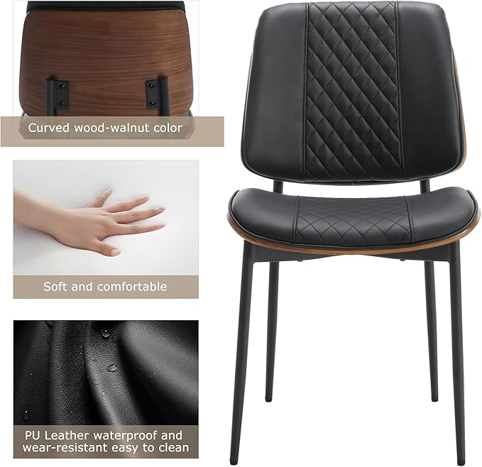 BV Dining Chairs Set of 6, PU Leather Armless Kitchen Chair in Modern Walnut Style, Mid Century Bentwood Side Chair with Metal Legs, Retro Accent Guest Chair for Kitchen Dining Room(Black)-Ruum Studio Home