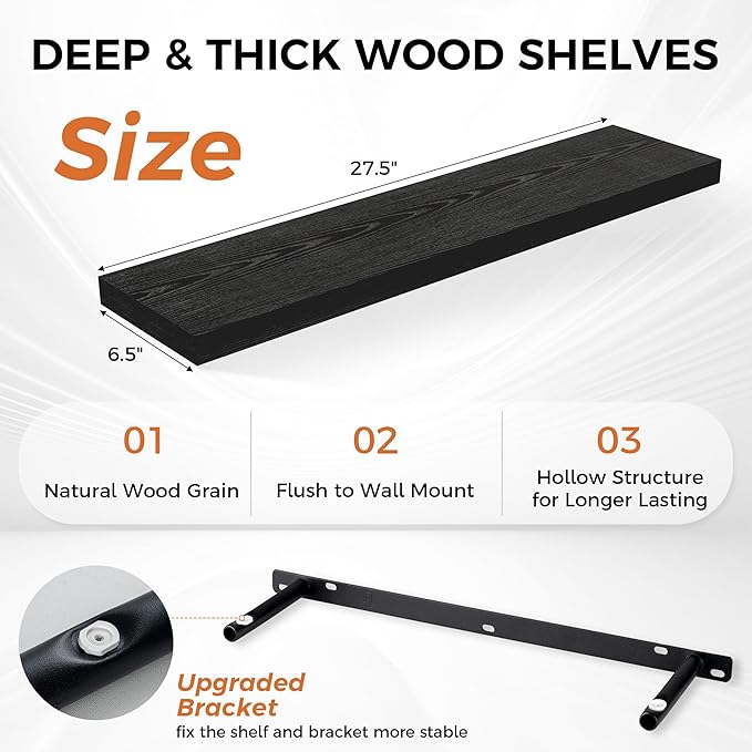 Fun Memories Floating Shelves for Wall, 27.5" Rustic Wood Deep Wall Mounted Shelves with Invisible Brackets for Decor & Storage, Floating Shelf for Living Room, Bathroom (Black, Set of 2)-Ruum Studio Home