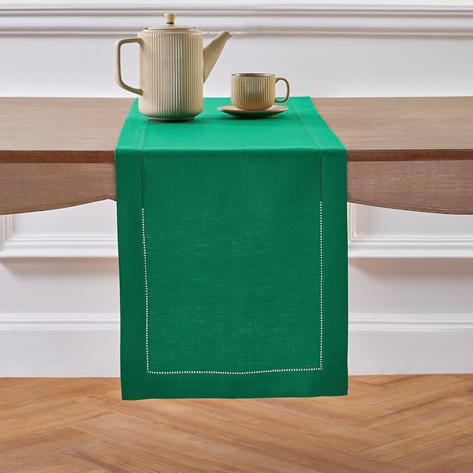 Solino Home Linen Emerald Green Hemstitch Table Runner 36 Inches - 100% Pure Linen Small Table Runner 14 x 36 Inch Ideal for Dresser and Coffee Tables - Classic Hemstitch-Ruum Studio Home