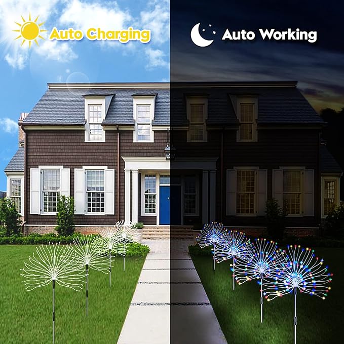 Outdoor Solar Garden Lights, 4 Pack 120 LED Copper Wire Waterproof Garden Fireworks Lamp with Remote, 8 Modes Decorative Sparkles Stake Landscape Light for Pathway Lawn Decor (Colorful)-Ruum Studio Home