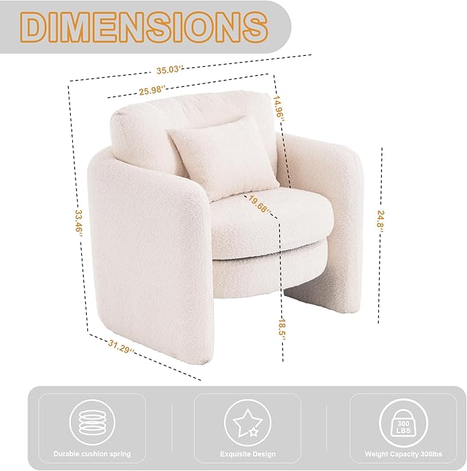 Chenille Accent Armchair Oversize Upholstered Barrel Comfy Modern Round Lounge Sofa Chair with Pillow Cozy Reading Chairs for Apartment,Office,Living Room,Dining,Makeup,Club,Beige-Ruum Studio Home