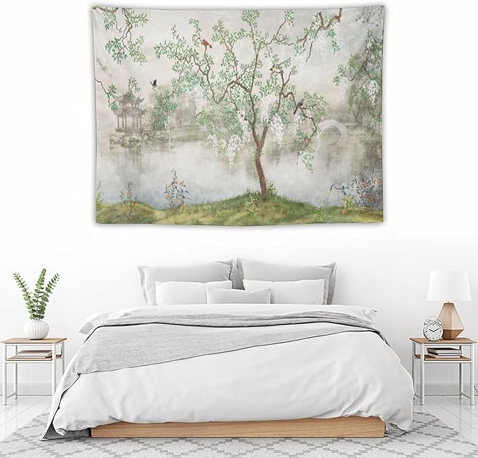 HZOHNAGO Japanese Tapestry Tree Misty Garden Lake Printed Wall Tapestry Ink Painting Wall Hanging for Bedroom Living Room Dorm 40" W x 30" H-Ruum Studio Home