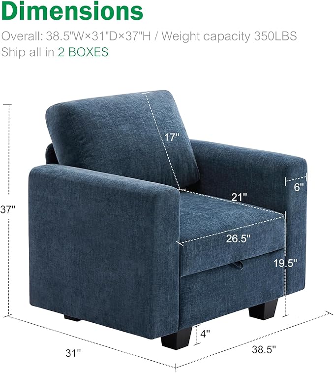 38.5 Oversized Accent Chair with Storage Blue Chenille, Single Modern Accent Sofa Chair with Arms for Apartment Living Room (21" Deep Seat)-Ruum Studio Home