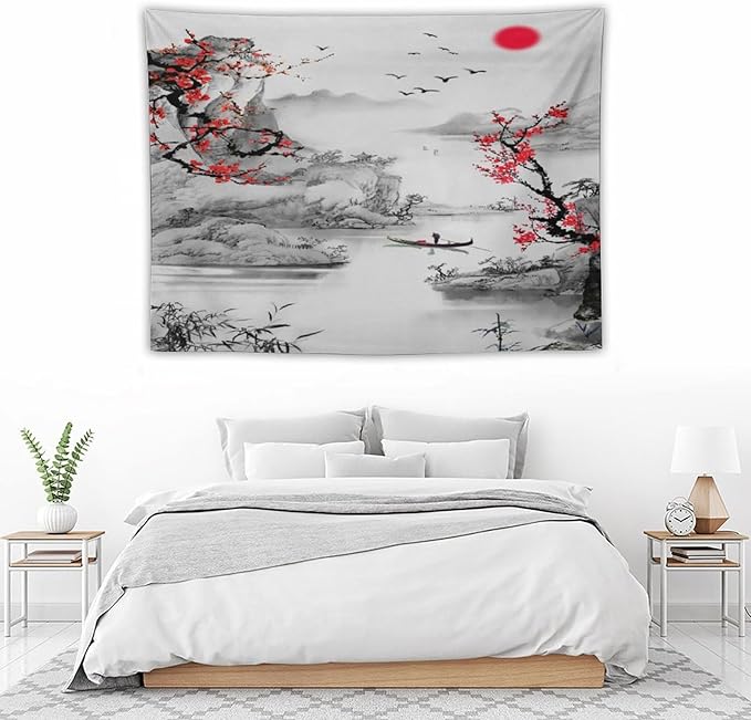 Cherry Blossoms Tapestry, Japanese Red Landscape Watercolor Abstract Art, Asian Japanese Wall Tapestry, Nature Landscape Tapestries for Bedroom Living Room Decor 40"x30"-Ruum Studio Home