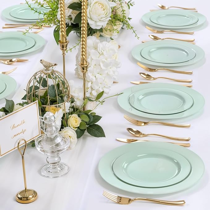 FLOWERCAT 60PCS Sage Green Plates - Heavy Duty Plastic Plates Disposable for Party/Easter - Include 30PCS 10.25inch Sage Green Dinner Plates and 30PCS 7.5inch Dessert Plates-Ruum Studio Home