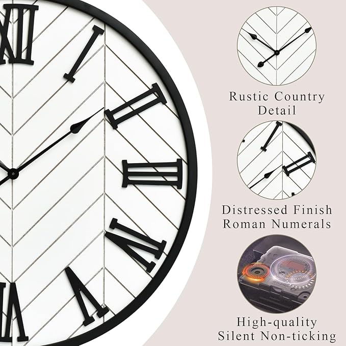 30 Inch Large Wall Clock Farmhouse Style - White Silent Non-Ticking Rustic Decor for Living Room, Kitchen, Bedroom-Ruum Studio Home