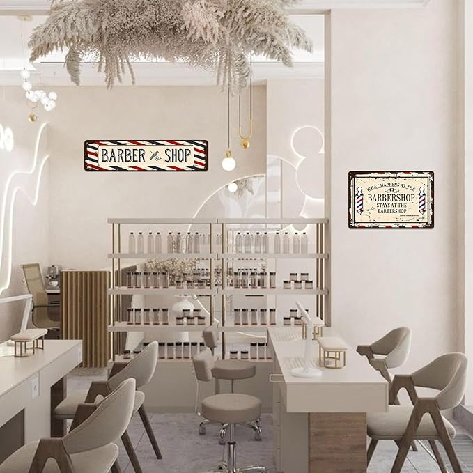 Barber Shop Decor Accessories - Vintage Barbershop Metal Tin Signs Haircut Wall Art Posters Gifts for Men Decorations - What Happens At The Barbershop Stays At The Barbershop Sign 8x12 Inch-Ruum Studio Home