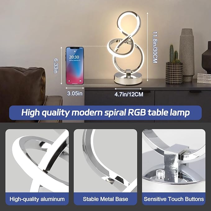 Modern Table Lamp, LED Bedside lamp with USB C+A Ports, Touch Stepless Dimmable Nightstand lamp, Unique Spiral Table lamp for Bedroom Living Room Home Office, LED Spiral lamp, Silver-Ruum Studio Home