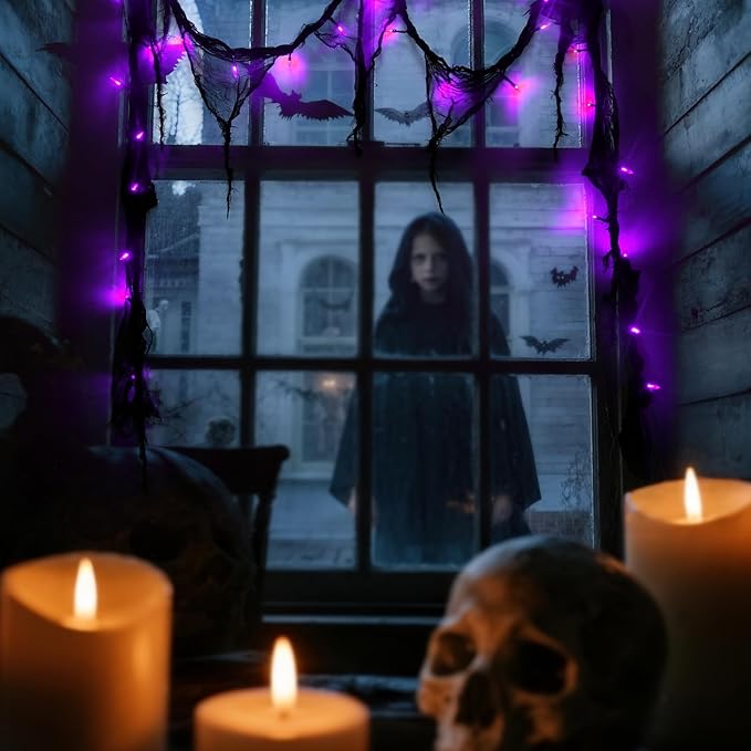 Halloween Horror Atmosphere Lights, Orange&Purple LED String Lights with 9.9FT Creepy Black Gauze, Battery Powered with Timer & 8 Flashing Modes (Purple)-Ruum Studio Home