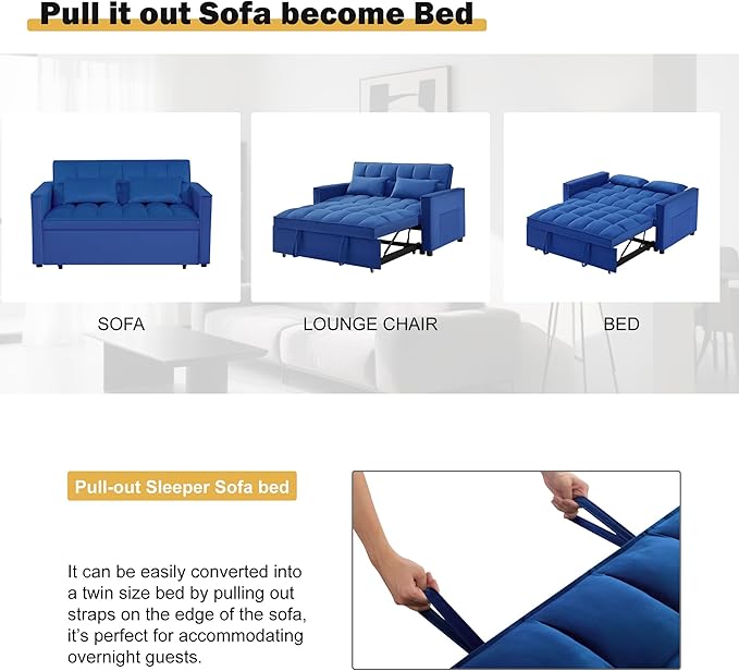 3 in 1 Sleeper Sofa Beds, Futon Sofa Bed for Living Room with Side Pocket, Sleepers Couch with Pullout Bed, Convertible Love Seat Sleepers Couch for Living Room, Bedroom, Small Space, Blue-Ruum Studio Home