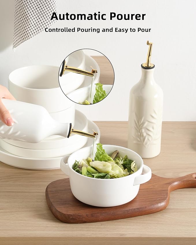 Sweejar Ceramic Olive Oil Dispenser Bottle 20 Oz Relief Opaque Oil Cruet Protects To Reduce Oxidation Suitable for Storage Vinegar, Soy Sauce, Coffee Syrup, Liquids, Set of 1 (White Gold Spout)-Ruum Studio Home