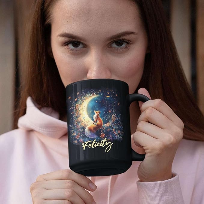Personalized Name Ceramic Mug, Enchanted Forest Themed Decorative Cup, Custom Cute Fox With Crescent Moon Mug, Customized Floral Fox Coffee Cup 11oz 15oz, Animal Black Mug For Kids-Ruum Studio Home
