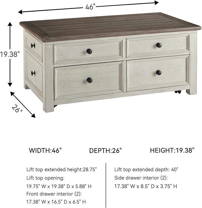 Signature Design by Ashley Bolanburg Farmhouse Lift Top Coffee Table with Drawers, Antique Cream & Brown-Ruum Studio Home