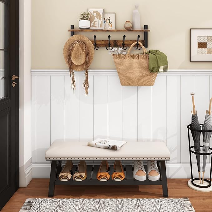 Homode Rustic Brown Wall Mount Coat Rack with Shelf and 5 Tri Hooks, Wood Coat Hangers for Hanging Hat, Towel, Purse, Jacket-Ruum Studio Home