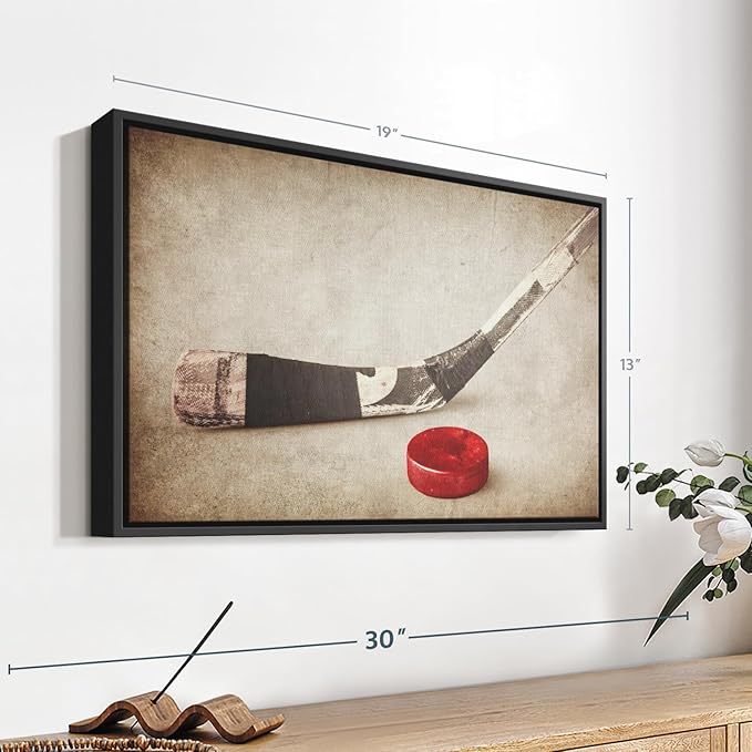 Elephant Stock Vintage Ice Hockey Wall Art - Horizontal Framed Canvas - 1-Piece Hallway Wall Decor - Photography Sports Canvas Print - Brown and Beige Decor for Wall - 19" X 13"-Ruum Studio Home