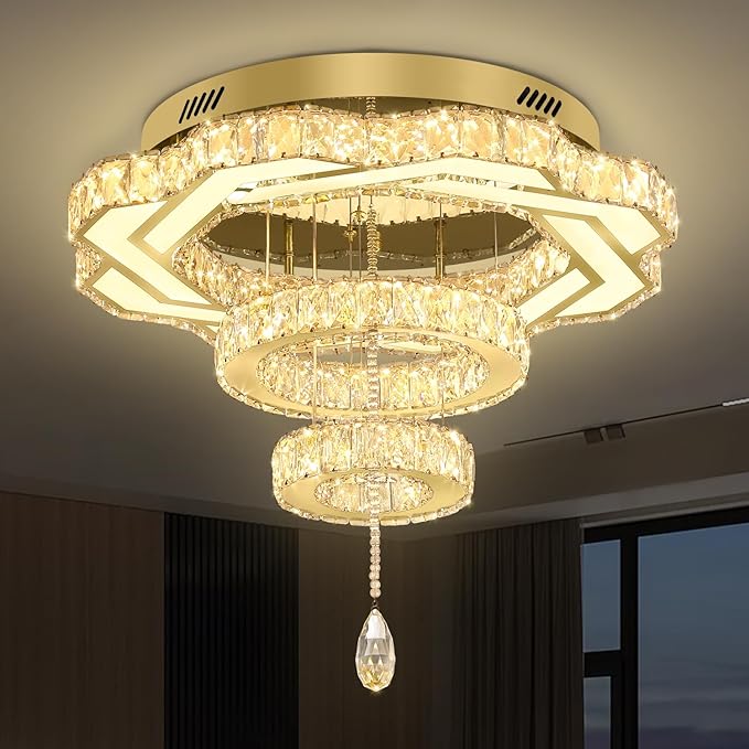Flashing God Modern Crystal Chandeliers Dia 24" Gold Chandelier Flush Mount Ceiling Light for Bedroom Living Room Dining Room Hallway Dimmable 3 Rings LED Celing Lighting Fixtures-Ruum Studio Home