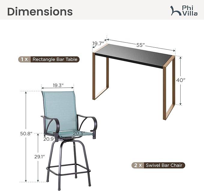 PHI VILLA 3 Piece Outdoor Bar Set, High Top Patio Bistro Table and Bar Chairs with Teal Textilene Fabric & Rustproof Metal Frame for Backyard, Balcony, Garden & Poolside-Ruum Studio Home