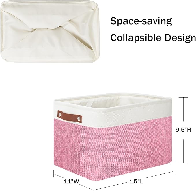 DULLEMELO Storage Baskets for Organizing, Shelves,Bedroom, Decorative Storage Bins with Faux Leather Handles, Fabric Storage Basket for Office, Toys(3-Pack, White&Pink)-Ruum Studio Home