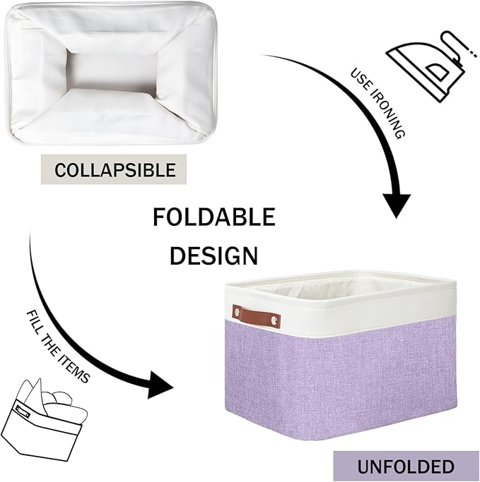 DULLEMELO Storage Baskets for Organizing, Shelves,Bedroom, Decorative Storage Bins with Leather Handles, Fabric Storage Basket for Office, Toys(3-Pack, White&Purple)-Ruum Studio Home