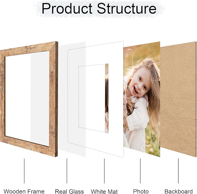 8x10 Picture Frame Set of 4, 8 x 10 Wood Photo Frames with Mat for 5x7, Natural Wooden Frame with Real Glass Cover for Wall and Tabletop Display,Brown-Ruum Studio Home