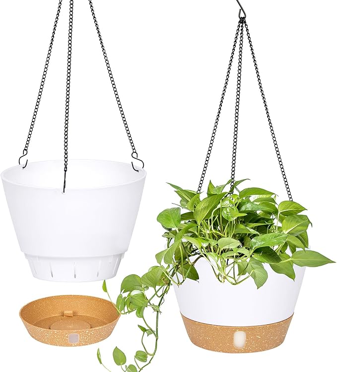 QCQHDU 2 Pack Hanging Planters for Indoor Outdoor Plants, 10 Inch Hanging Baskets Flower Pots with Reservoir Tray & Visible Water-Level-Ruum Studio Home
