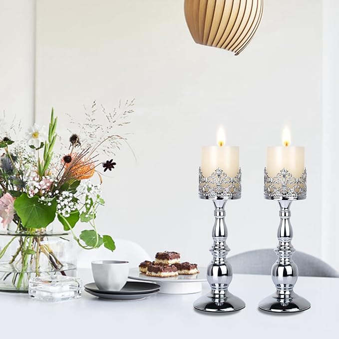 Candle Holders for Pillar Candles Gothic Matte Black Vintage Tall Candle Holders Set of 2 Decorative Large Table Centerpieces Candle Stand Decor (Silver 2PCS A)-Ruum Studio Home