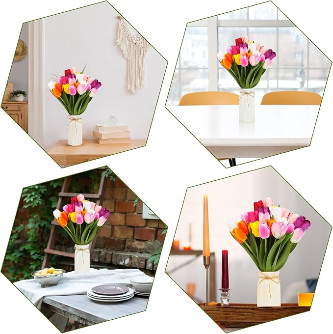 27pcs Colorful Artificial Flowers Tulips, Tulips with 1pc Plastic Vase, Fake Flowers Real Touch Flower 13.9", Christmas, Mother's Day, Easter, Valentine's Day, Family Kitchen, Wedding Decorations-Ruum Studio Home