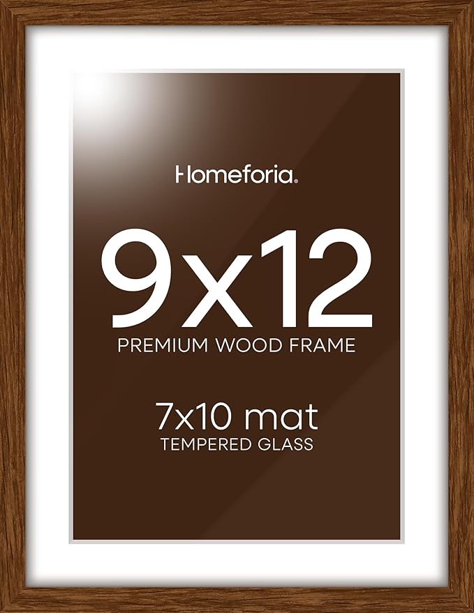 Homeforia 9x12 Picture Frame Brown, High End Dark Oak 9 x 12 Walnut Wooden Frames with Mat 7 by 10 Photo, 12x9 Wood Frame Matted to 7x10 Art, Wall or Tabletop Frame, Tempered Glass, Wall Kit, Set of 1-Ruum Studio Home
