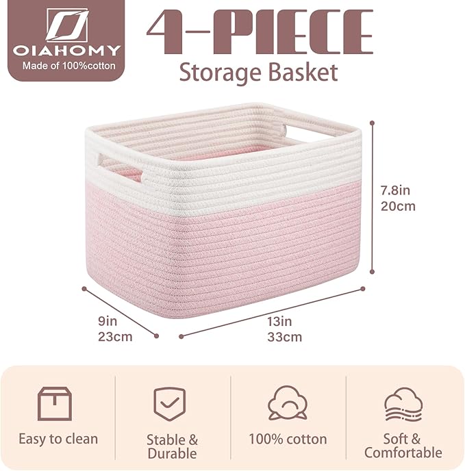 OIAHOMY 4 Pack Storage Baskets for Organizing, Basket for Shelves with Handle, Woven Baskets for Storage Toys, Towels, Books, Cotton Rope Basket 13" L x 9 " W x 7.8 " H, Pink & White-Ruum Studio Home