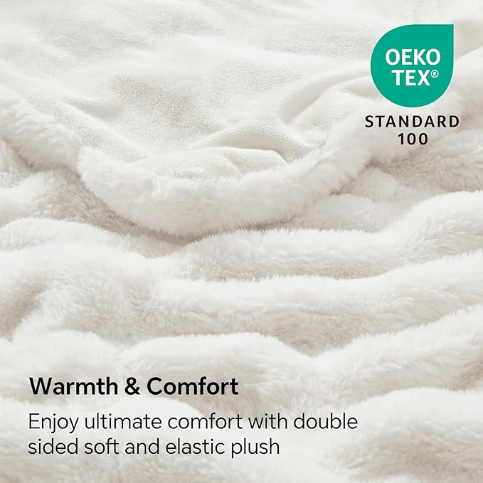 BEDELITE Faux Fur Throw Blanket for Couch, Soft and Cozy Boho Ruched Fluffy Blanket, Warm Plush Fuzzy Faux Rabbit Fur Blanket for Women Gift (Cream, 50"x 60")-Ruum Studio Home