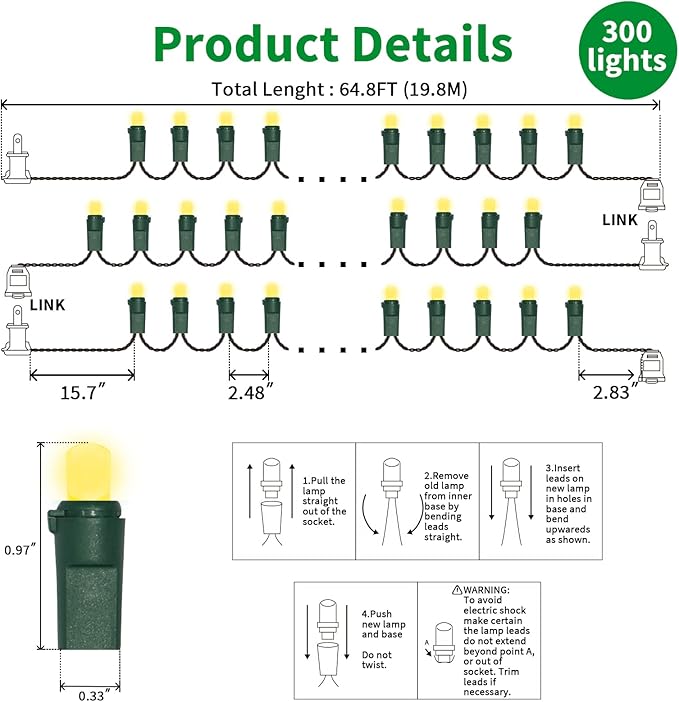 Yellow Wide Angle LED String Lights, 64.8 Ft 300 Count, Pack of 3 Strands 21.9 Ft 100 Lights UL Certified Commercial Grade Green Wire 5mm Holiday String Light-Ruum Studio Home