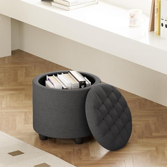 Furniliving 18.7inch Storage Round Ottoman, Footstools with Hidden Storage with Removable Lid, Stylish Button Tufted Design Ottoman Foot Stools for Living Room, Bedroom，Darkgrey-Ruum Studio Home