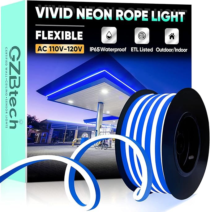 GZBtech Flexible LED Neon Rope Lights 16.4FT,AC 110-120V Waterproof Neon Strip Light, 120LEDs/M Cuttable Connectable Rope Lighting for Indoor Outdoor Home Decor/Commercial Building Use-Blue 5M-Ruum Studio Home