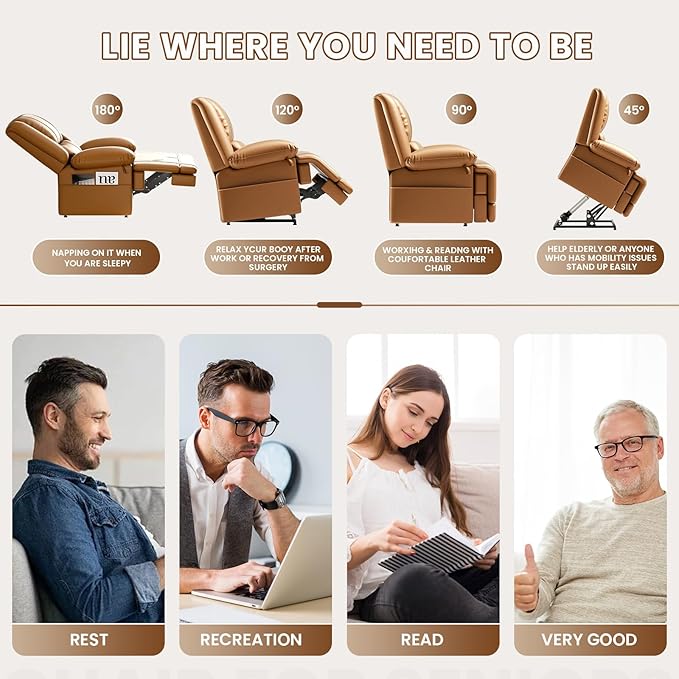 Large Dual Motor Power Lift Recliner Chair with Massage and Heat for Elderly People, Infinite Position,USB Ports and Remote Control,Breathable Leather (Light Brown)-Ruum Studio Home