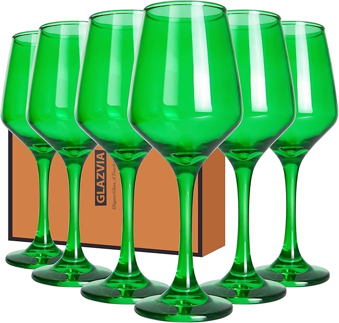 Green Wine Glasses Set of 6-12oz Green Long Stem Wine Glass Cups, Pretty Crystal Glassware, Hand Blown Goblets Drinkware, Unique Drinking Stemware Holiday Gift Set-Ruum Studio Home