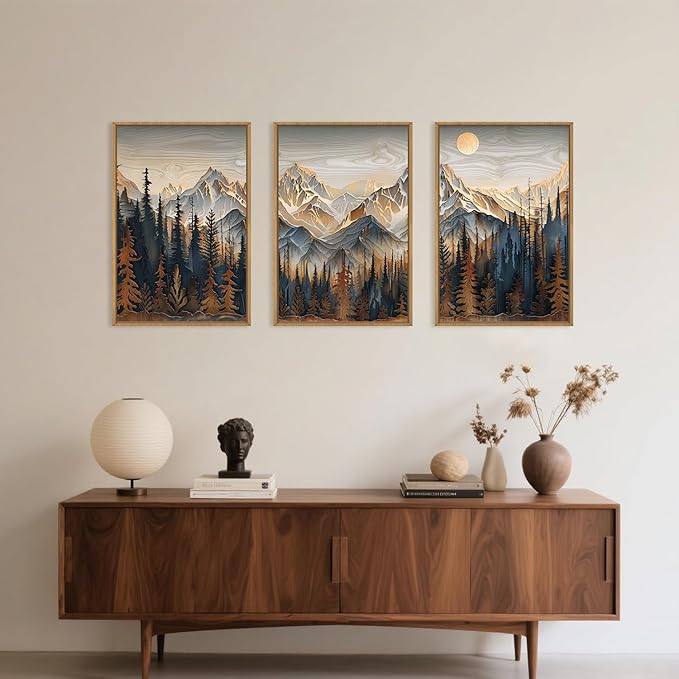 Celestdeco Wood Mountain Framed Canvas Wall Art Set, Pine Trees Wall Painting, Ridge Scenery Wall Decor, Natural Sun Landscape Art Print for Living Room, Bedroom, Dining Room, Office - 24"x36"x3-Ruum Studio Home
