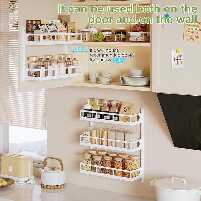 X-cosrack Wall Mount Spice Rack Organizer 5 Tier Height-Adjustable Hanging Spice Shelf Storage for Kitchen Pantry Cabinet Door, Dual-Use Seasoning Holder Rack with Hooks, White-Ruum Studio Home