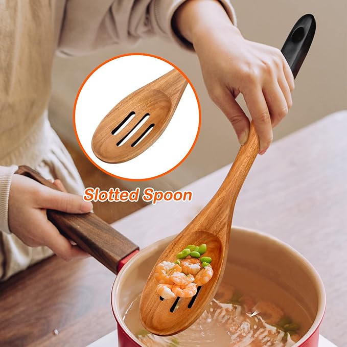 14 Inch Large Wooden Spoons for Cooking Utensils Set Acacia Wood Spatula Slotted Spoon Best Non Toxic Kitchen Utensil Long Mixing Spoon Spatulas Turner Stirring Serving Spoons Kitchen Use Tools-Ruum Studio Home