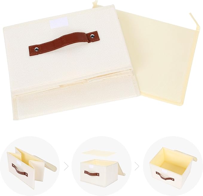 ANMINY 2PCS Storage Bins with Lid PU Leather Handles Storage Boxes PP Plastic Board Decorative Foldable Lidded Cotton Linen Fabric Home Cubes Baskets Closet Organizer Containers - Beige, Small Size-Ruum Studio Home