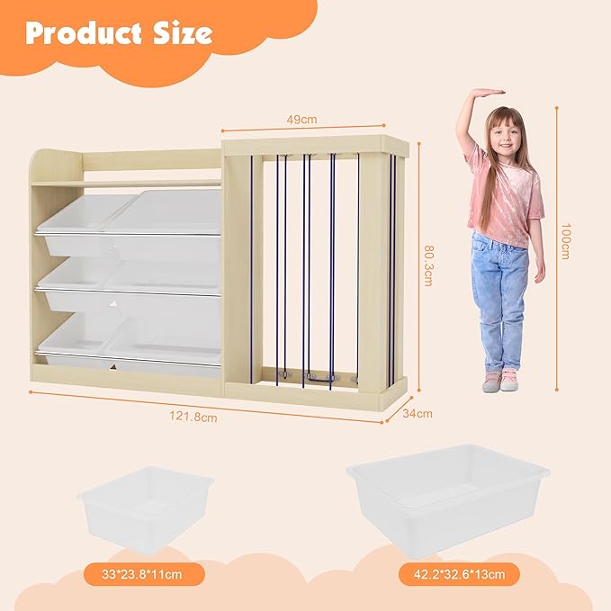 Kids Toy Storage Organizer with 6 Removable Plastic Bins Toddler Montessori Bookshelf with Stuffed Animal Net Holder Baby Bookcase Plush Organizer for Playroom,Bedroom,Kids Room,Classroom-Ruum Studio Home