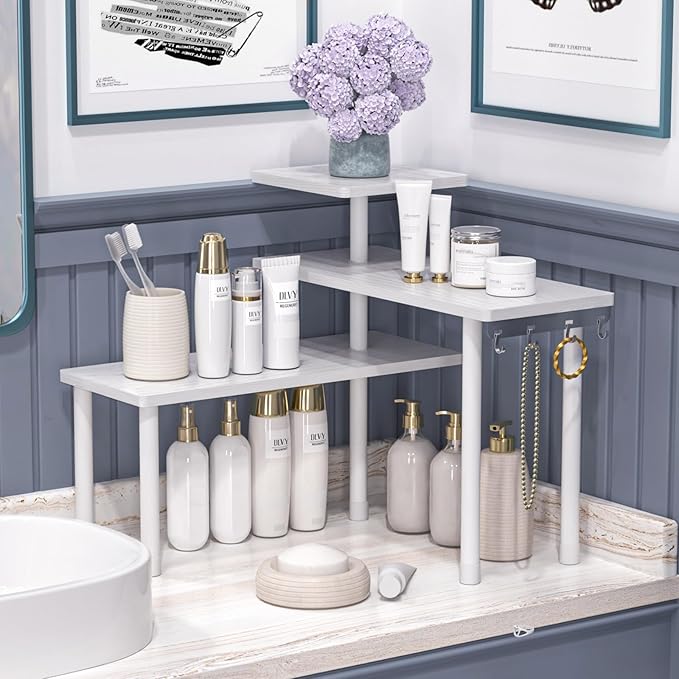 JayRex Bathroom Organizer Countertop Corner Shelf, 3 Tier Moveable Organizer for Make Up, Dresser Table, Desktop (White)-Ruum Studio Home
