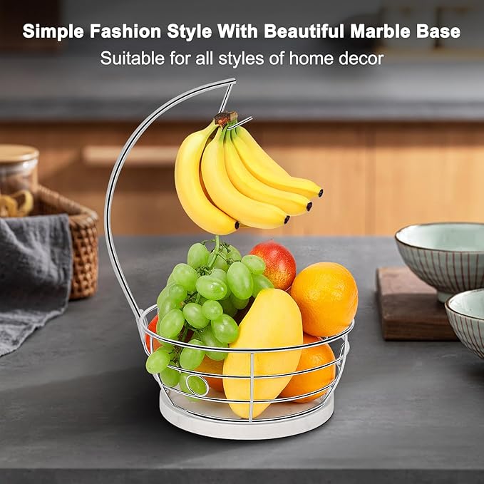 Livabber Countertop Fruit Basket Bowl with Banana Hanger, Modern Standing Fruit Vegetable Bowl Storage, with Banana Tree Holder for Kitchen Dinning Table (Round Marble, Chrome)-Ruum Studio Home