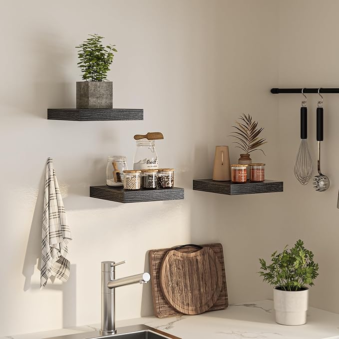 Square Floating Shelves for Wall, 12" W x 12" D x 1.2" H, Small Wooden Wall Mounted Display Shelves with Invisible Brackets for Living Room, Bedroom, Bathroom, Kitchen Decor, Set of 3, Black-Ruum Studio Home